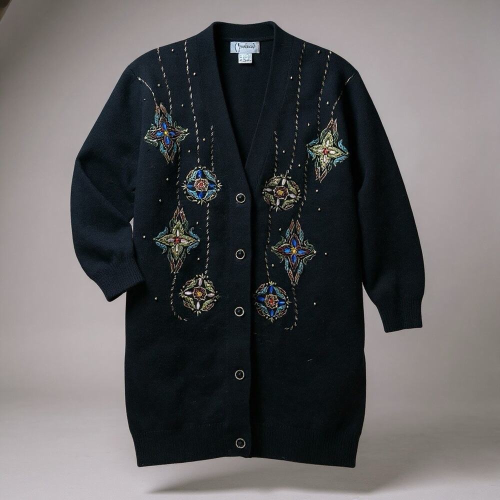 Vtg Lambswool Angora Beaded Long Cardigan Sweater Jewel Gold Medium Carducci 90s